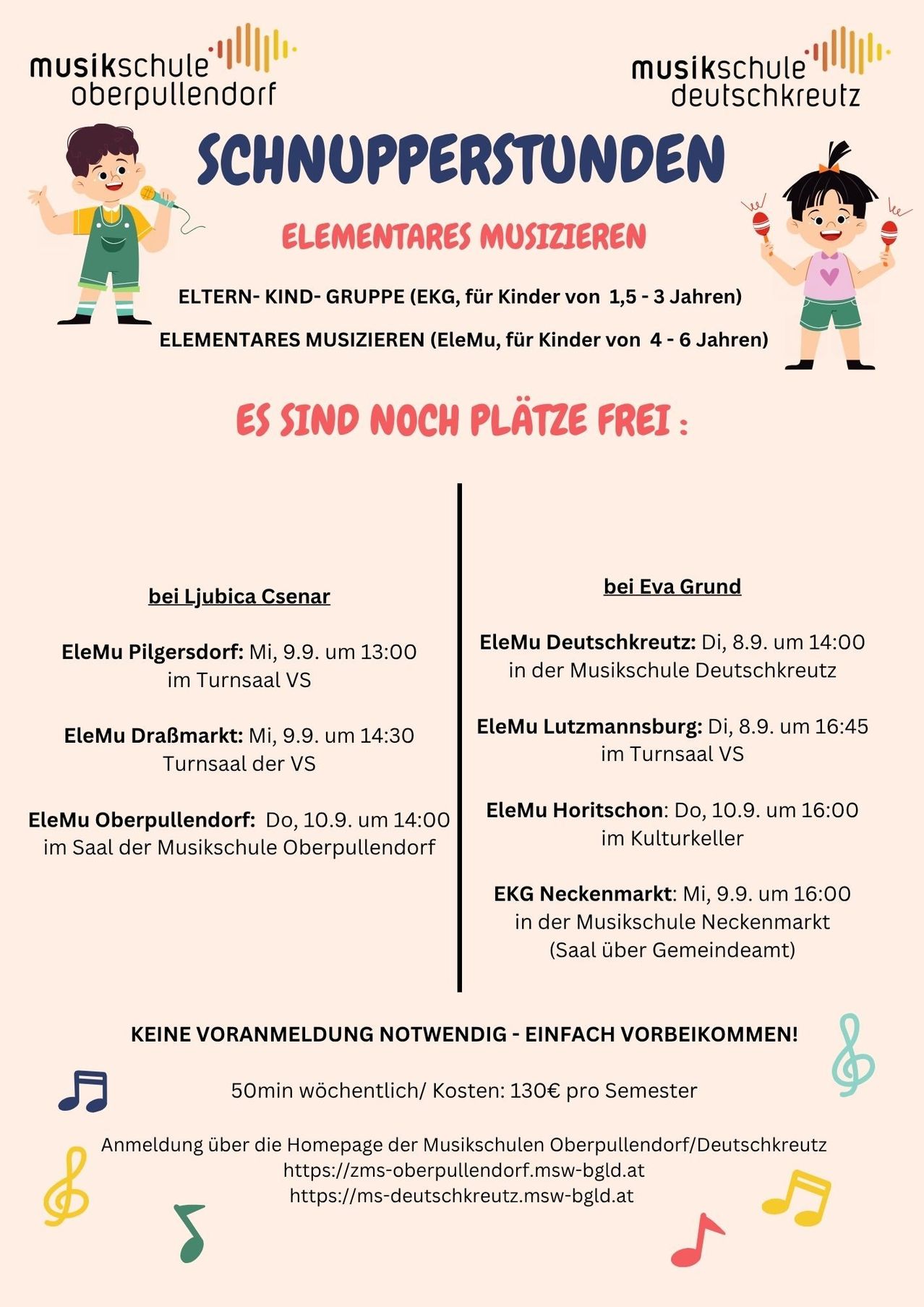 Poster advertising music classes for children aged 1.5 to 6 years. Classes include elementary music for children aged 4 to 6 and parent-child groups for younger children. Various locations and times are listed.