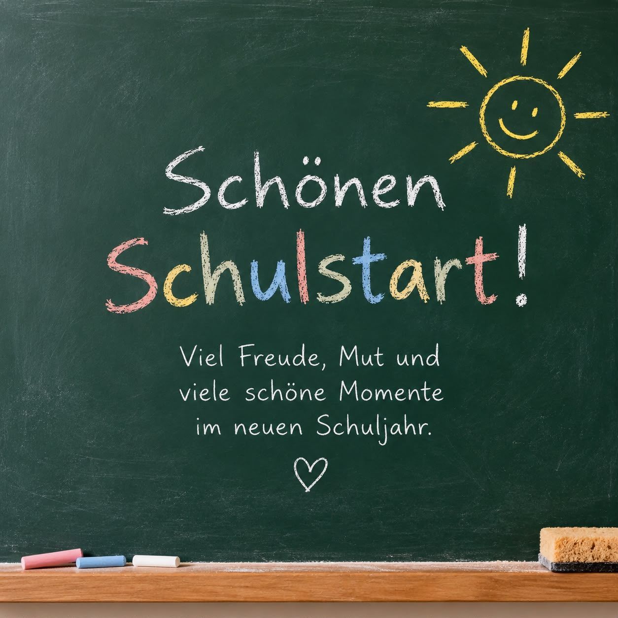 A chalkboard with a cheerful message for a new school year, featuring a smiling sun, a heart, and colorful chalk writing.