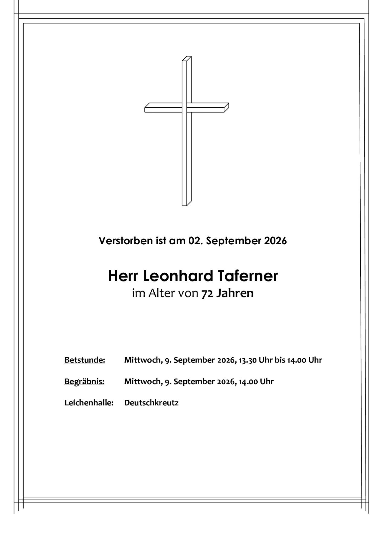 A memorial card for Herr Leonhard Taferner, who passed away on September 2, 2026, at the age of 72. The viewing is on Wednesday, September 9, 2026, from 1:30 PM to 2:00 PM, and the funeral is at 2:00 PM at Deutschkreuz.