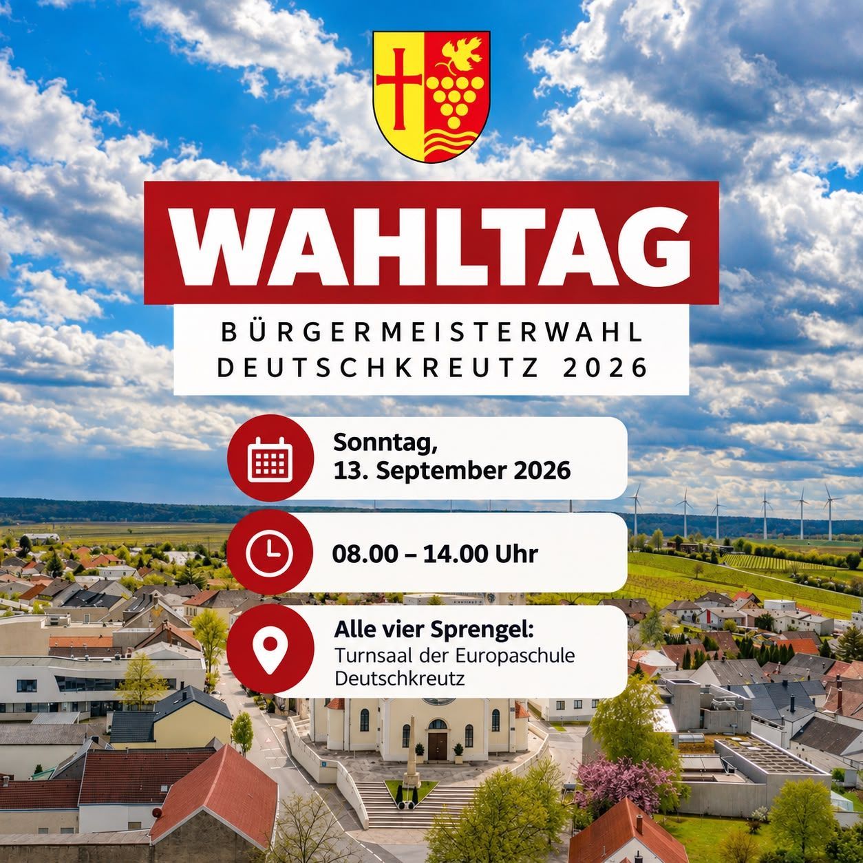 Poster for the 2026 German Cross Mayor Election. It features a town with a church, a blue sky with clouds, and a logo with a cross and grapes. The event is on Sunday, September 13, 2026, from 8:00 AM to 2:00 PM.