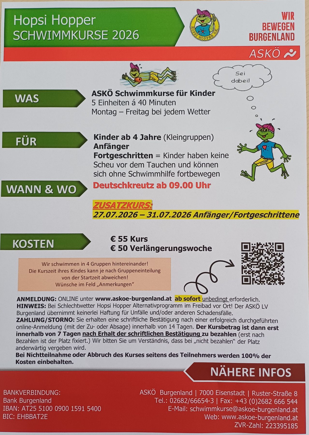 A flyer for ASKO swimming courses for children, featuring a frog mascot, course details, and a QR code for registration. The course is for children aged 4 and above, with sessions from Monday to Friday. The flyer includes information on course fees, duration, and online registration.