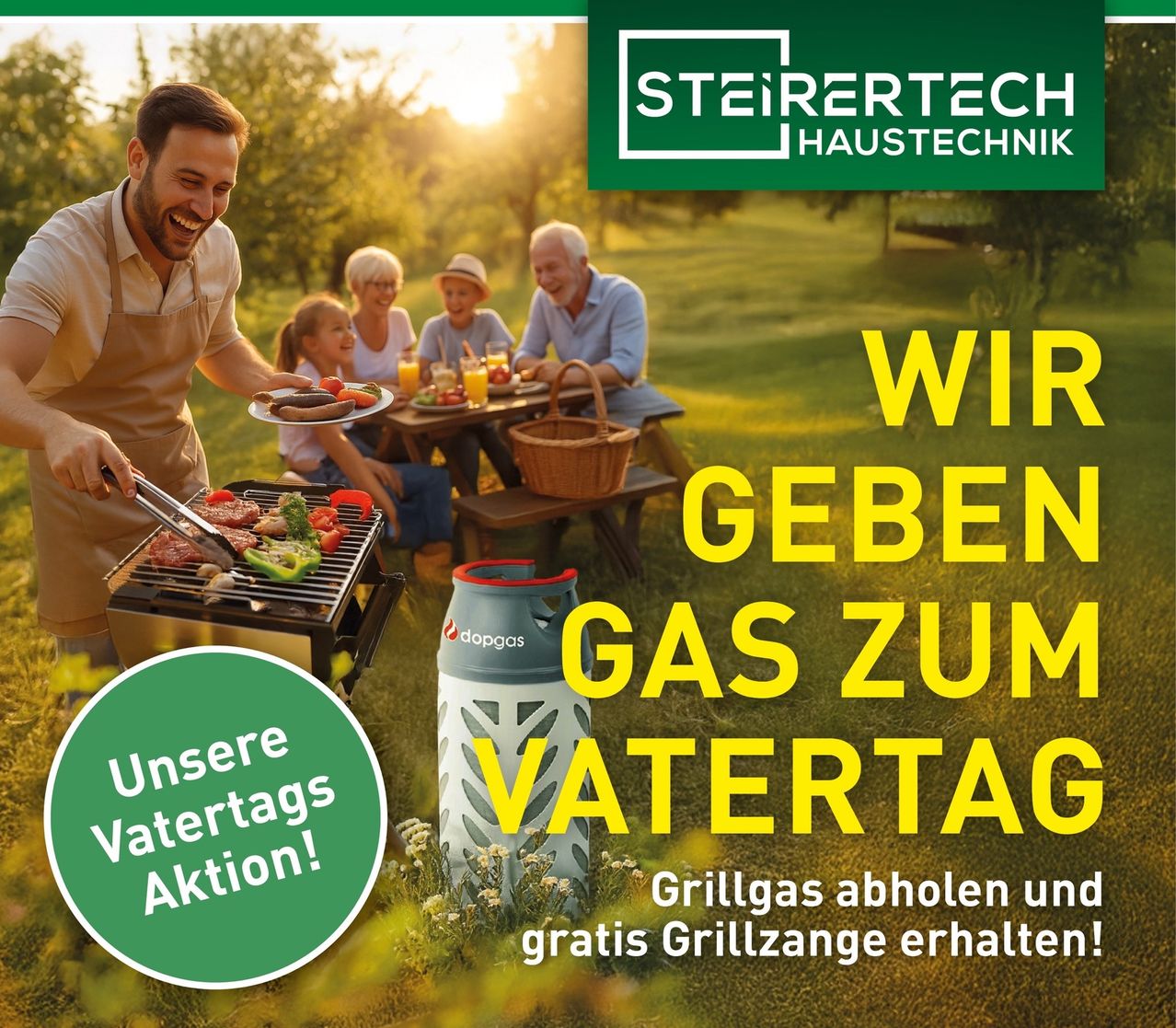 Ein Werbeplakat für Vatertag, das eine Familie beim Grillen im Freien zeigt. Ein Mann hält eine Grillpfanne, während andere am Tisch sitzen. Die Anzeige bietet kostenlose Grillwerkzeuge beim Kauf von Gas an.