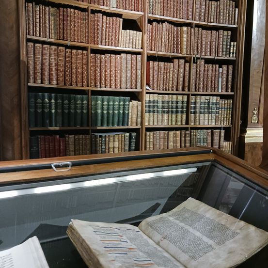 Ein altes Buch wird in einer Vitrine vor einem großen Holzregal mit verschiedenen Büchern ausgestellt.