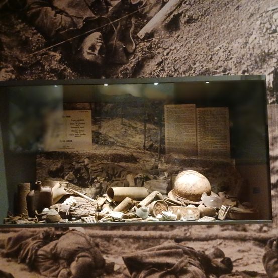 Ein Vitrinenschaukasten zeigt Kriegsreliquien wie Helme, Flaschen und Papiere in einer staubigen Umgebung, mit sepiagetönten Bildern von Soldaten in Schützengräben.