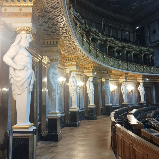 Ein großer Saal mit klassischen Statuen an den Wänden, verzierten Deckendesigns und polierten Holzböden. Die Sitze sind ordentlich angeordnet.