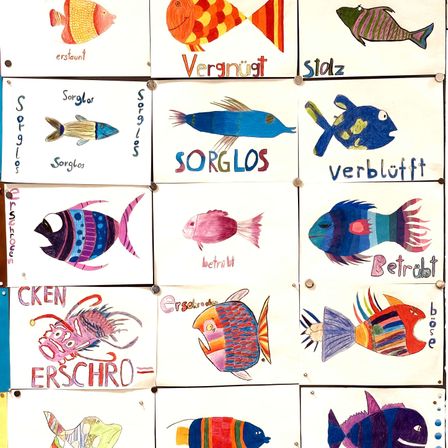 Eine Collage aus bunten Fischillustrationen, jeweils mit einem einzigartigen Namen darunter. Namen beinhalten Erstaunt, Vergnugt, Stolz, Sorglo, Verbluft, Erstaunt, Betrirbt, Cken Erschro und Bose.