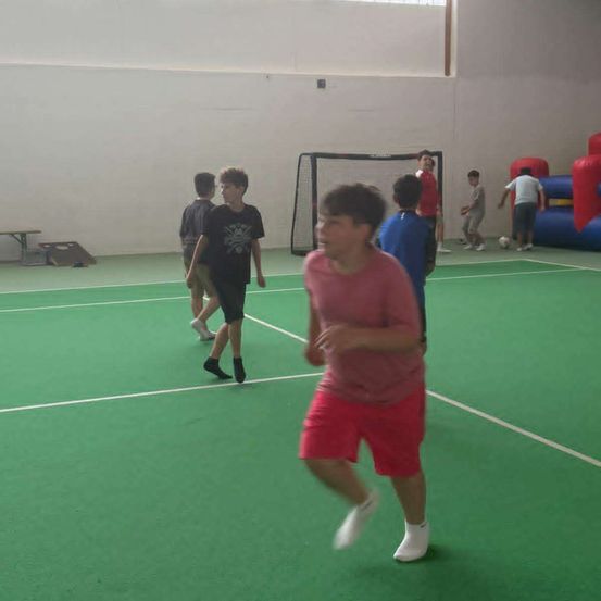 Eine Gruppe junger Jungen spielt auf einem grünen Feld Fußball mit einem Netz im Hintergrund.