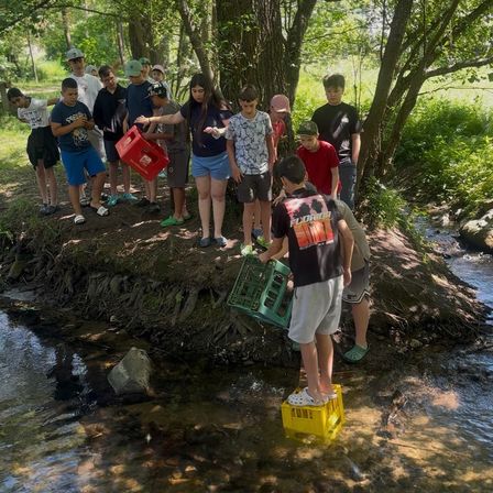 Eine Gruppe junger Menschen in Freizeitkleidung steht am Ufer eines Baches. Einige halten Kisten, und zwei stehen im Wasser. Die Szene spielt sich im Freien mit Bäumen und Grünpflanzen ab.