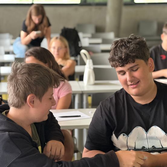 In einem Klassenzimmer lächeln zwei Jungen und schauen sich an. Hinter ihnen sitzen andere Schüler und beschäftigen sich mit verschiedenen Aktivitäten.
