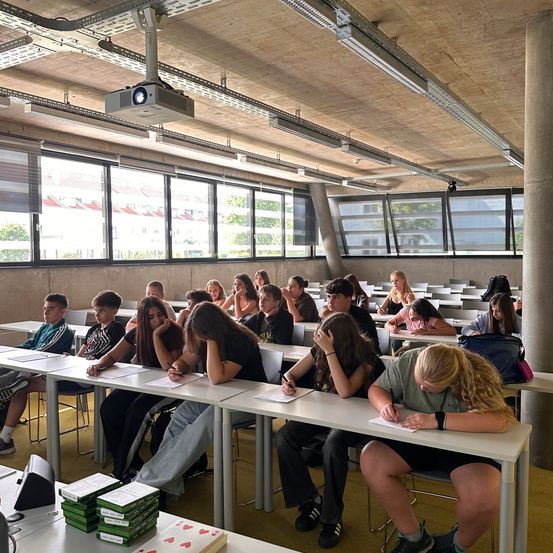 Ein Klassenzimmer mit Schülern, die einen Test ablegen. Tische sind in Reihen angeordnet, und einige Schüler benutzen Stifte. Der Raum hat große Fenster und eine Projektorlampe, die an der Decke hängt.