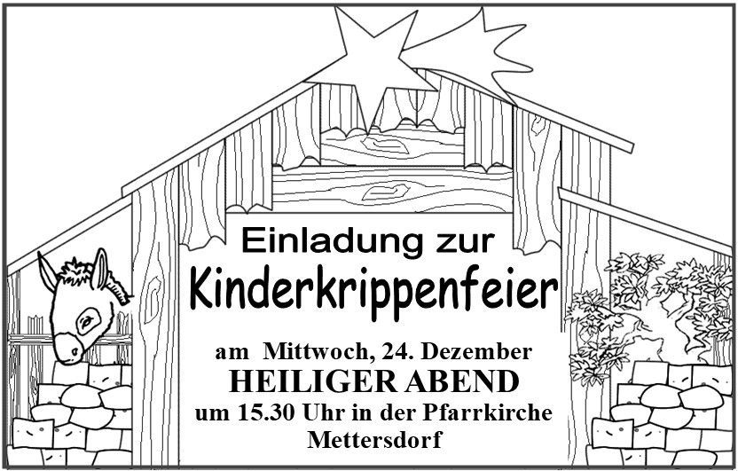 A black and white drawing shows a barn with a star above. Text reads 'Einladung zur Kinderkrippenfeier'. Below is a donkey peeking out. The event is on Wednesday, December 24th, at 3:30 PM in the village church.