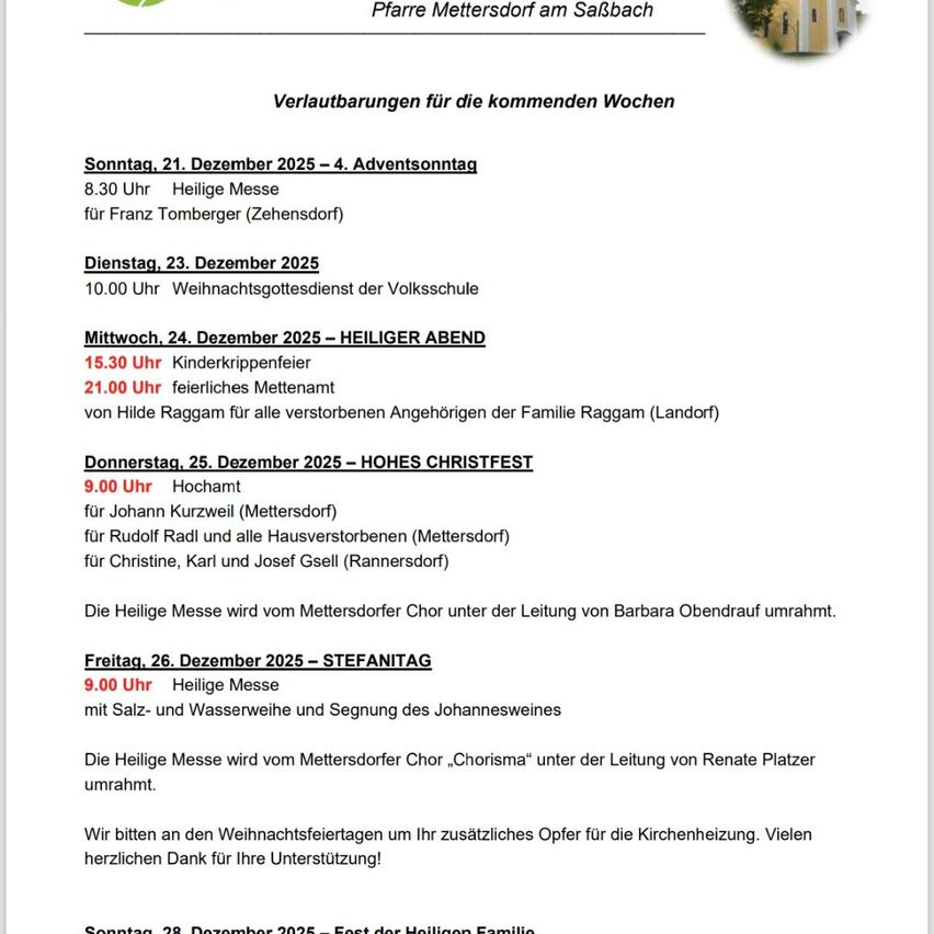Dokument zeigt Kirchenveranstaltungen für kommende Wochen. Beinhaltet Heilige Messe für Franz Tomberger, Weihnachtsgottesdienst, Kinderweihnachtsfeier, Gedenkmesse und Hohes Christfest.