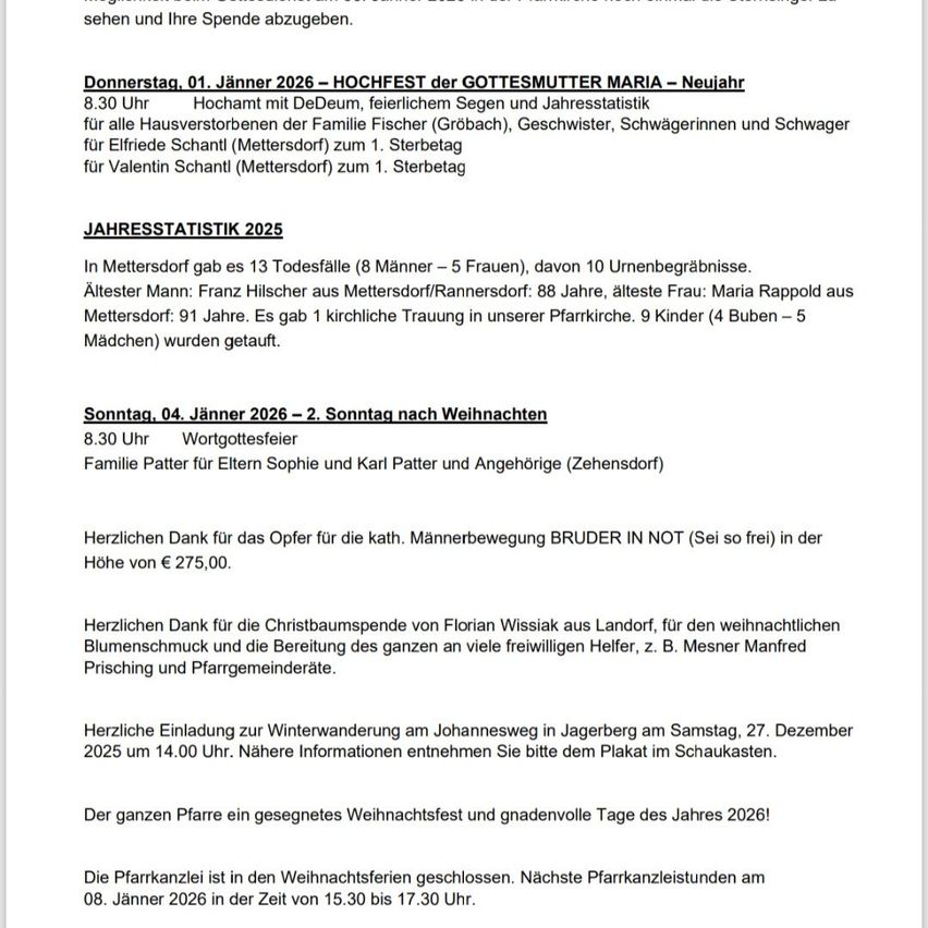 Dokument zeigt einen Zeitplan für Veranstaltungen im Januar 2026, einschließlich eines Festes am 1. Januar, eines wortlosen Gebets am 4. Januar und einer Winterprozession am 27. Dezember. Es listet auch Jahresstatistiken für 2025 auf und vermerkt Todesfälle, Geburten und andere lokale Ereignisse.