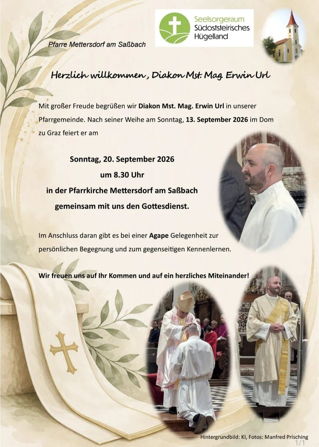 Plakat zur Ordination von Diakon Mst. Mag. Erwin Uhl. Geplant für den 20. September 2026 um 20:30 Uhr in der Pfarrkirche Mettersdorf. Enthält ein Foto des Diakons und eine Willkommensbotschaft.