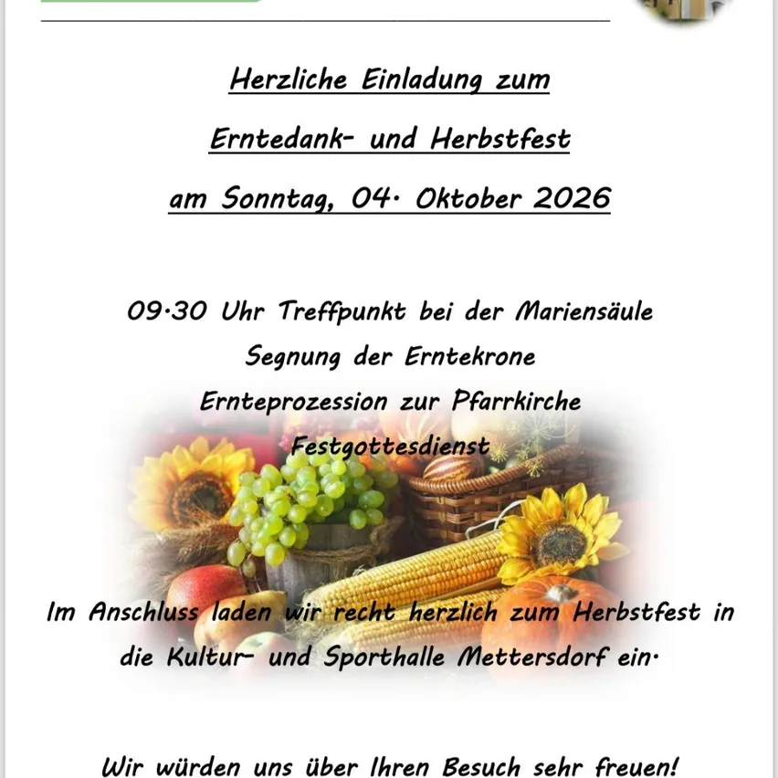 Plakat für das Erntedank- und Herbstfest am Sonntag, 04. Oktober 2026, mit einer Versammlung um 09:30 Uhr bei der Mariensäule, einer Prozession zur Pfarrkirche, Erntesegnung und einem Herbstfest in der Kultur- und Sporthalle.