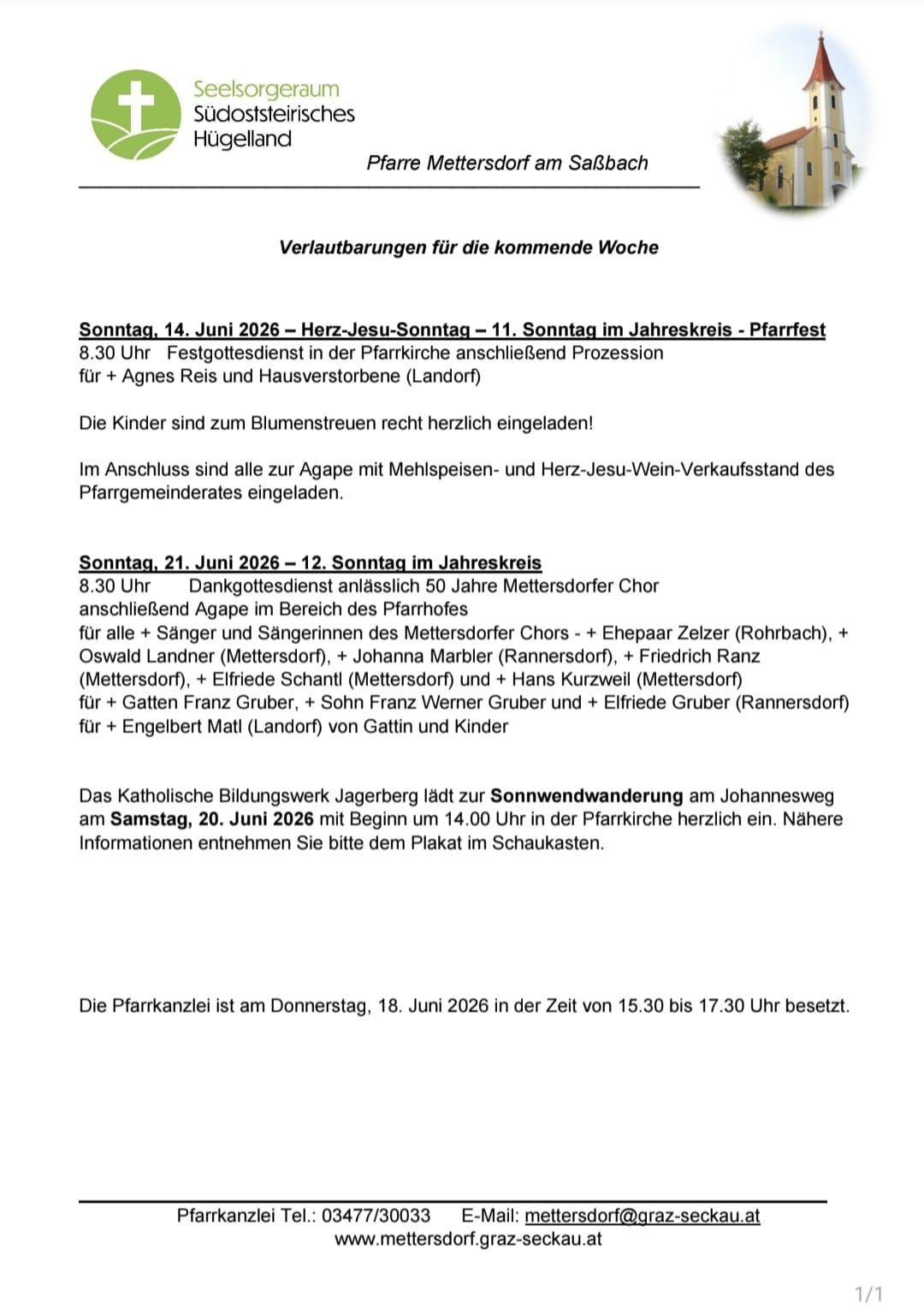 Announcements for the upcoming week. Sunday, June 14, 2026, is the 11th Sunday of the year, and a procession for Agnes Reis and Hausverstorene will follow the 8:30 AM service. Sunday, June 21, 2026, marks the 50th anniversary of the Mettersdof choir.