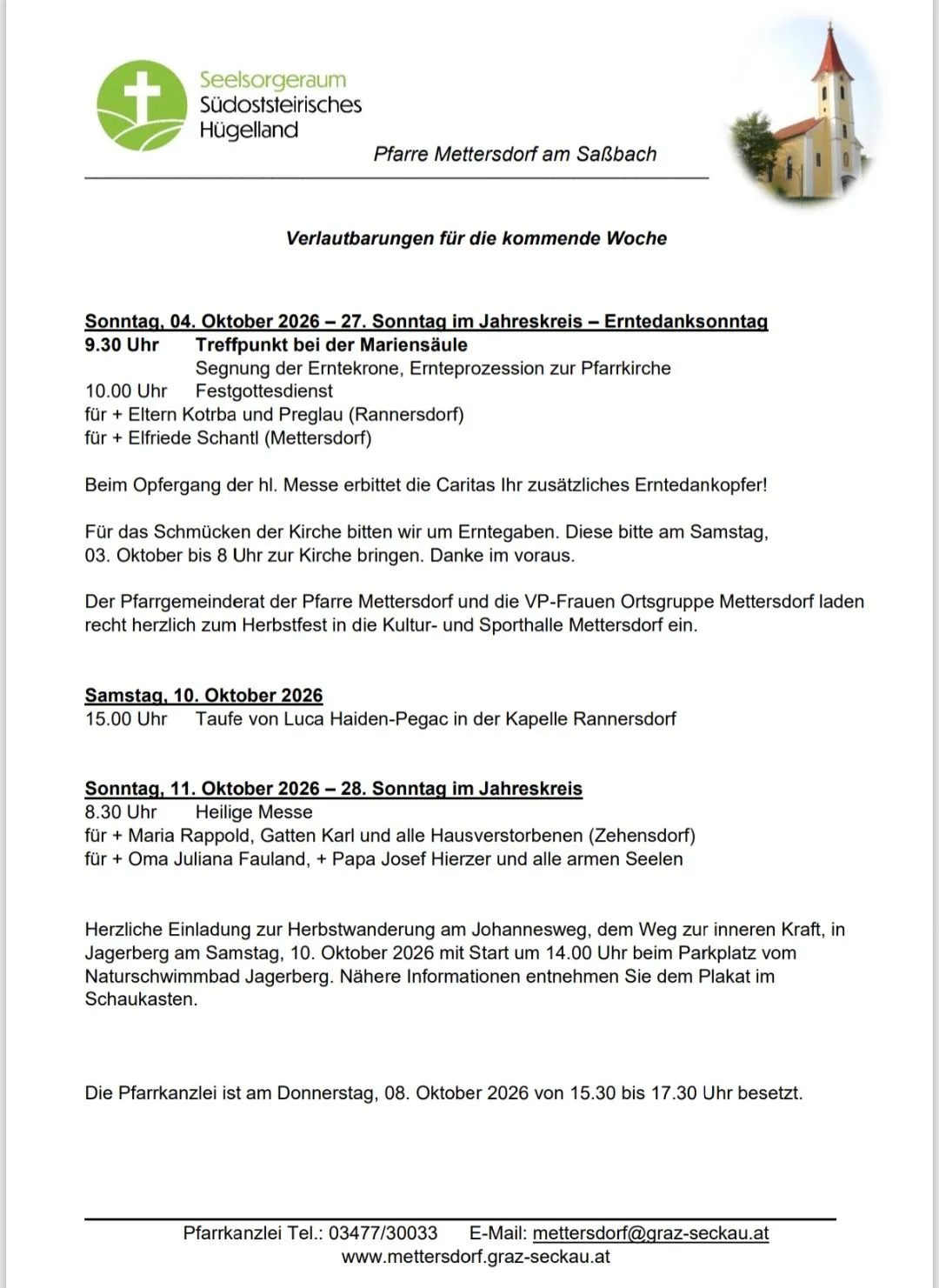 Eine Seite mit einem Kirchenbild oben und einem Zeitplan für die kommenden Ereignisse darunter.