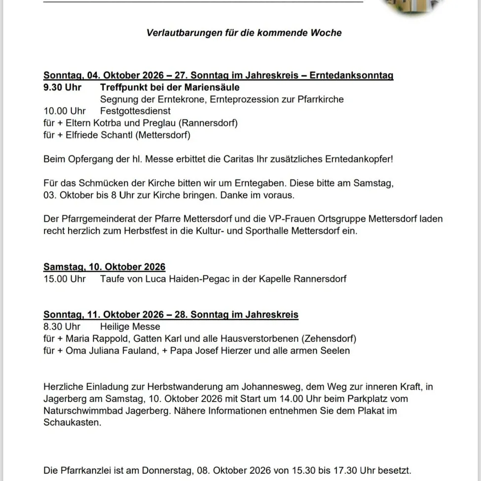 Eine Seite mit einem Kirchenbild oben und einem Zeitplan für die kommenden Ereignisse darunter.