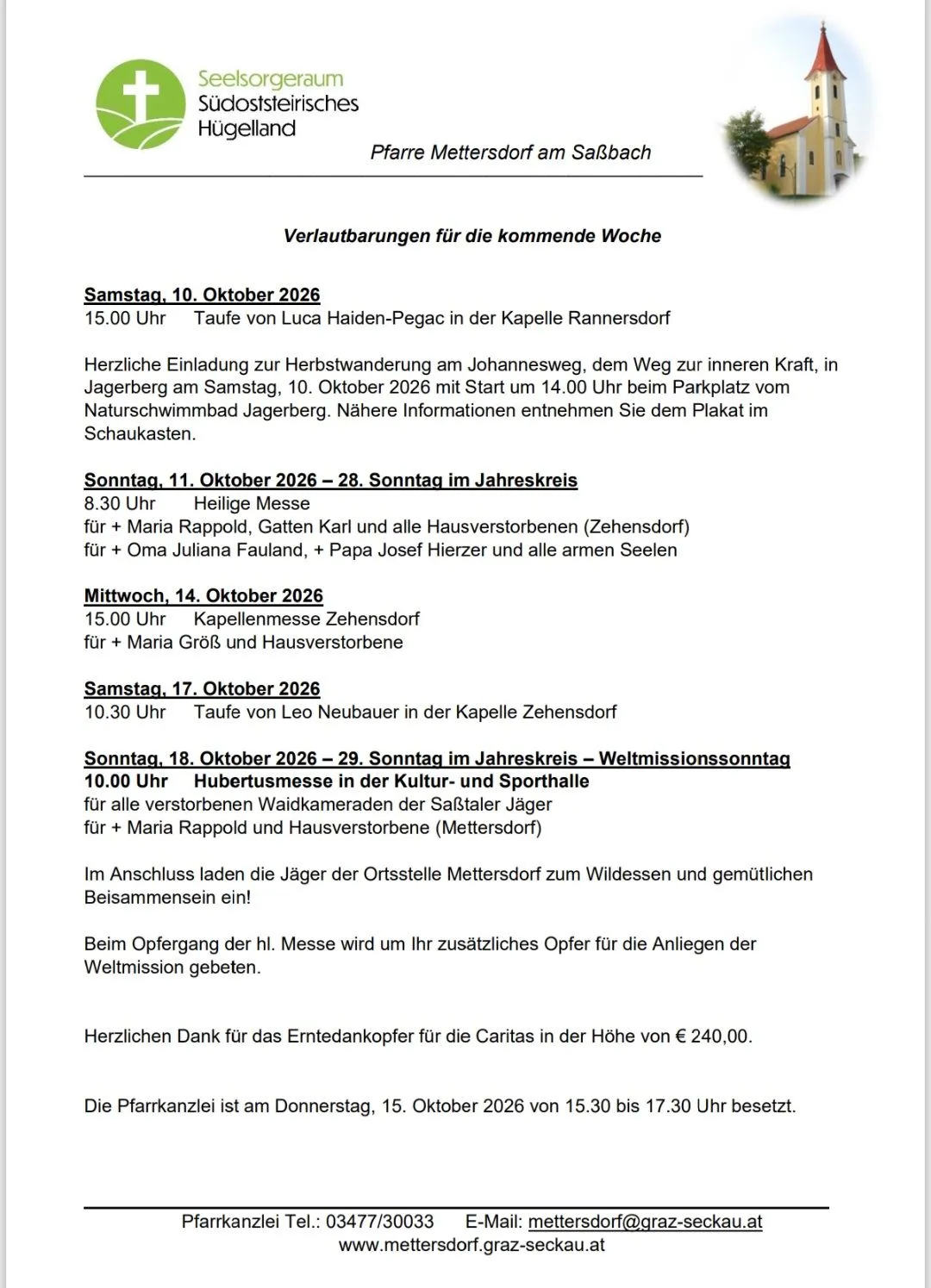 Ein Dokument mit einem Kirchengebäude oben und Text über bevorstehende Veranstaltungen auf Deutsch.