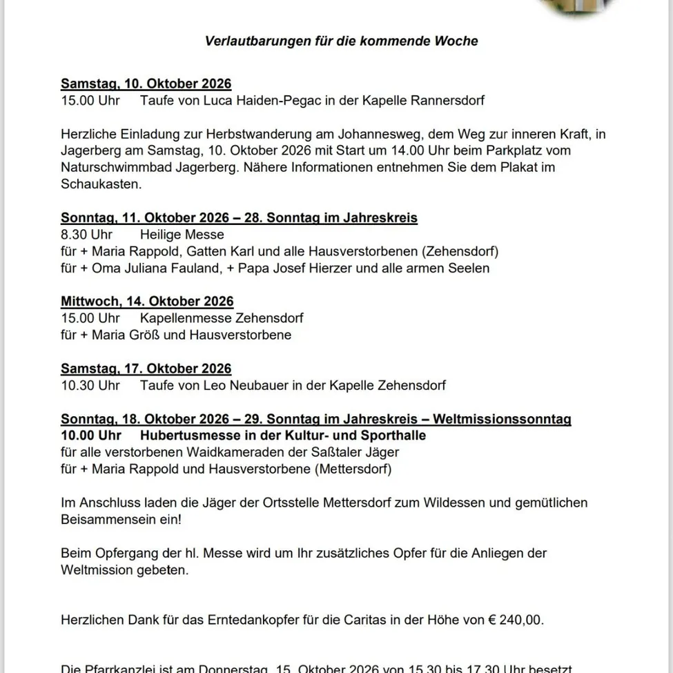 Ein Dokument mit einem Kirchengebäude oben und Text über bevorstehende Veranstaltungen auf Deutsch.