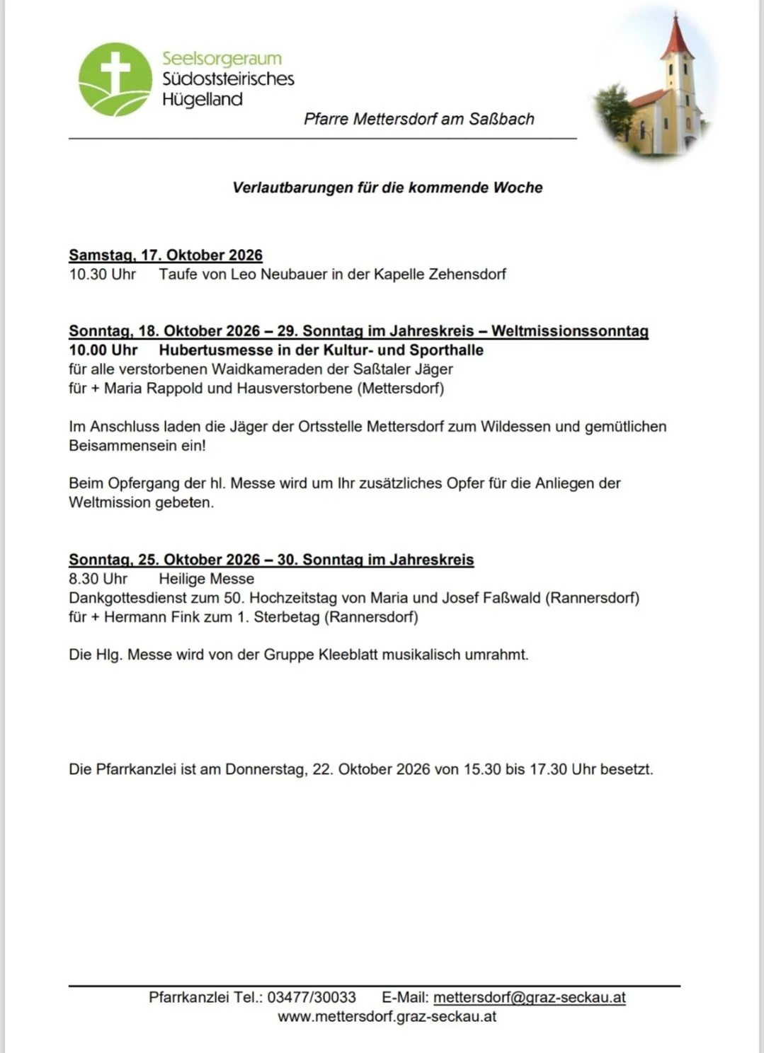 Ein Dokument mit einem Kirchenlogo und Text über bevorstehende Veranstaltungen auf Deutsch.