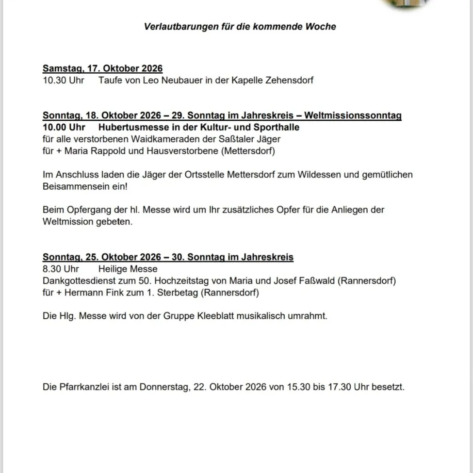 Ein Dokument mit einem Kirchenlogo und Text über bevorstehende Veranstaltungen auf Deutsch.