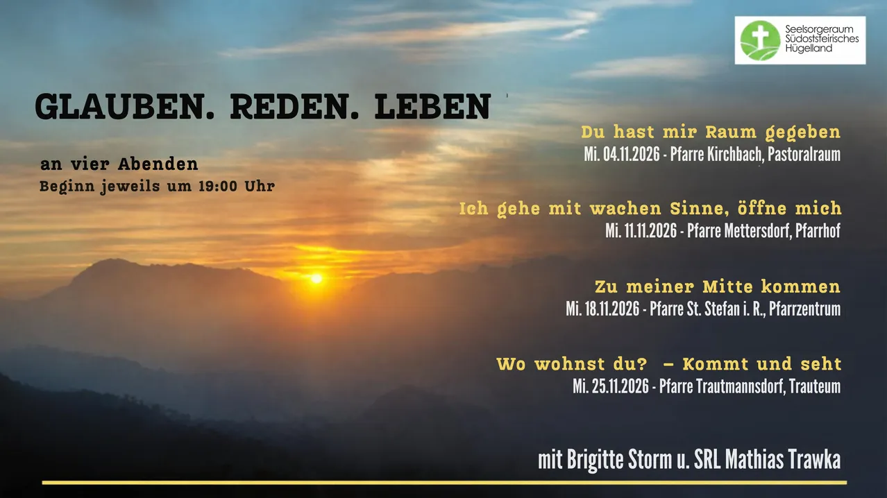 Ein Plakat mit Sonnenuntergangshintergrund zeigt den Text 'GLAUBEN. REDEN. LEBEN.' und Details über vier Abende, die um 19:00 beginnen.