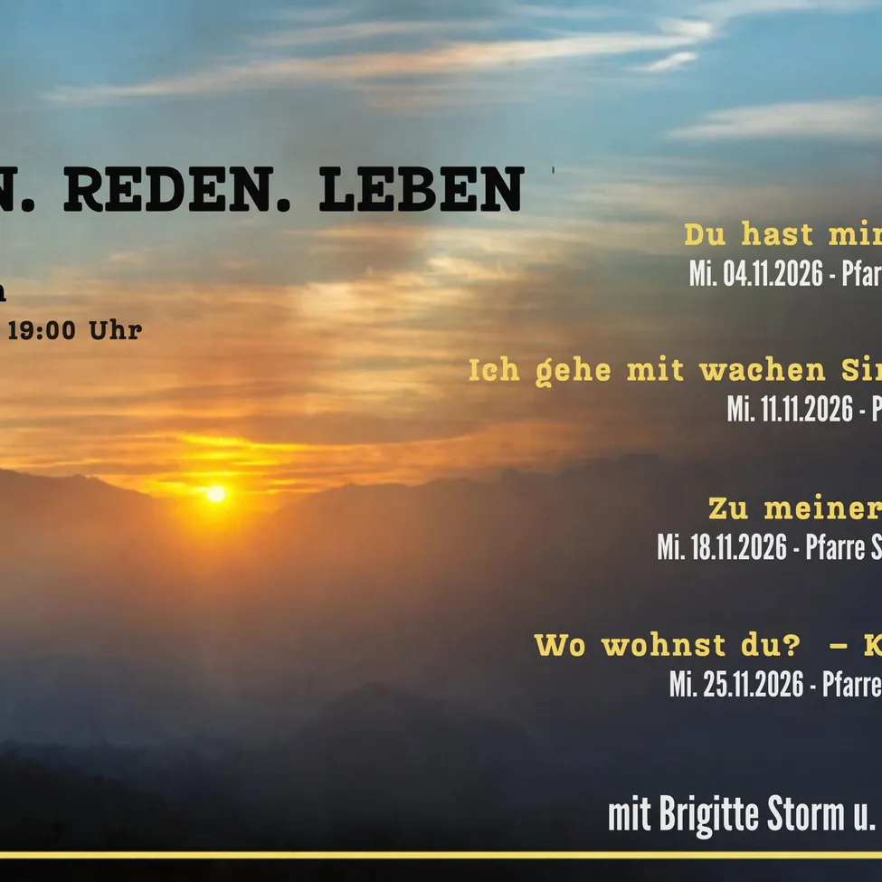 Ein Plakat mit Sonnenuntergangshintergrund zeigt den Text 'GLAUBEN. REDEN. LEBEN.' und Details über vier Abende, die um 19:00 beginnen.