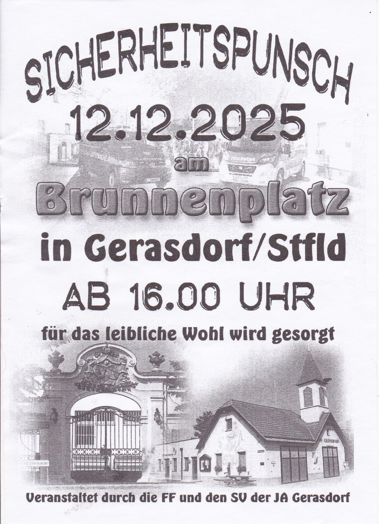 Plakat für eine Veranstaltung am 12. Dezember 2025 am Brunnenplatz in Gerasdorf/Stfid. Die Veranstaltung beginnt um 16.00 Uhr. Das Plakat zeigt ein Bild eines Gebäudes und einer Kirche.