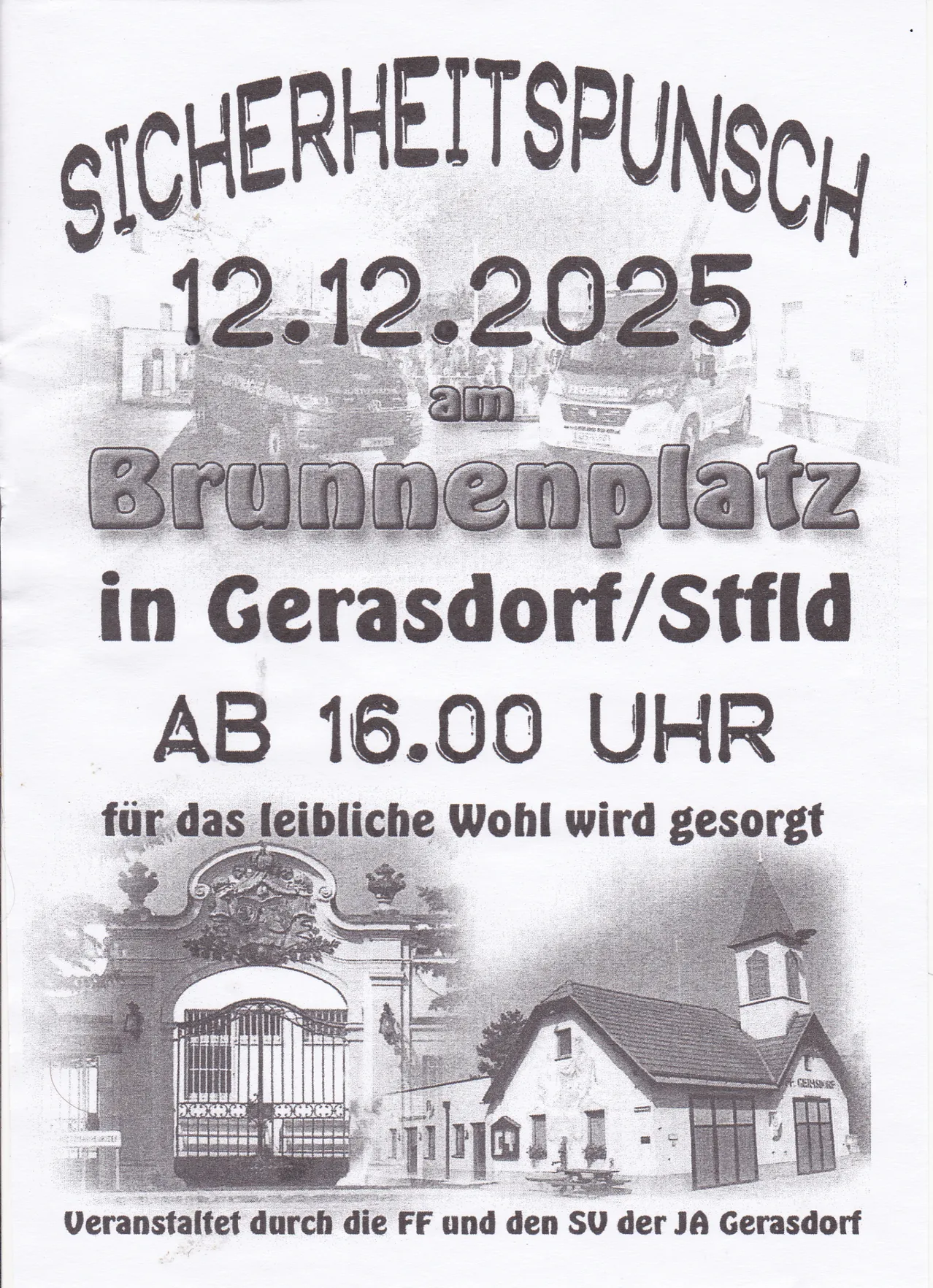Ein Werbeplakat für eine Veranstaltung in Gerasdorf/Stfld am 12.12.2025 um 16.00 Uhr am Brunnenplatz für das Wohlergehen der Menschen.
