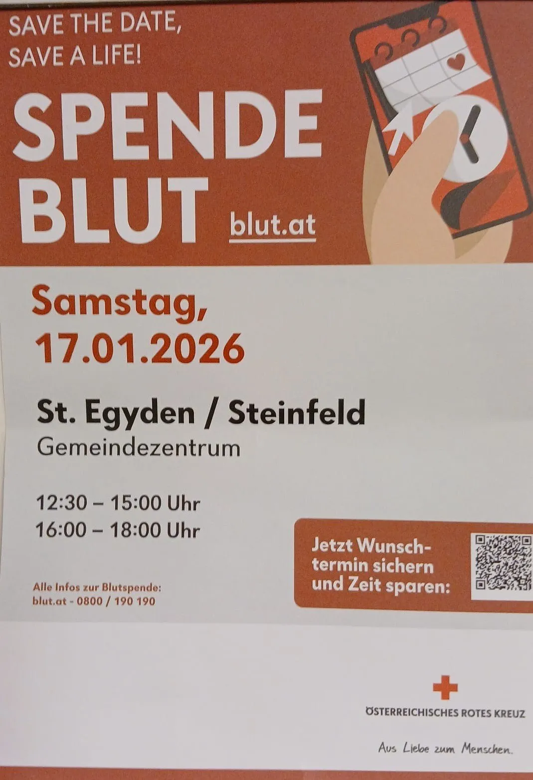 Plakat für eine Blutspende-Veranstaltung am 17.01.2026 in St. Egyd/Steinfeld Gemeindezentrum. Zeiten sind 12:30-15:00 und 16:00-18:00. Kontaktinformationen für Blutspende sind angegeben.