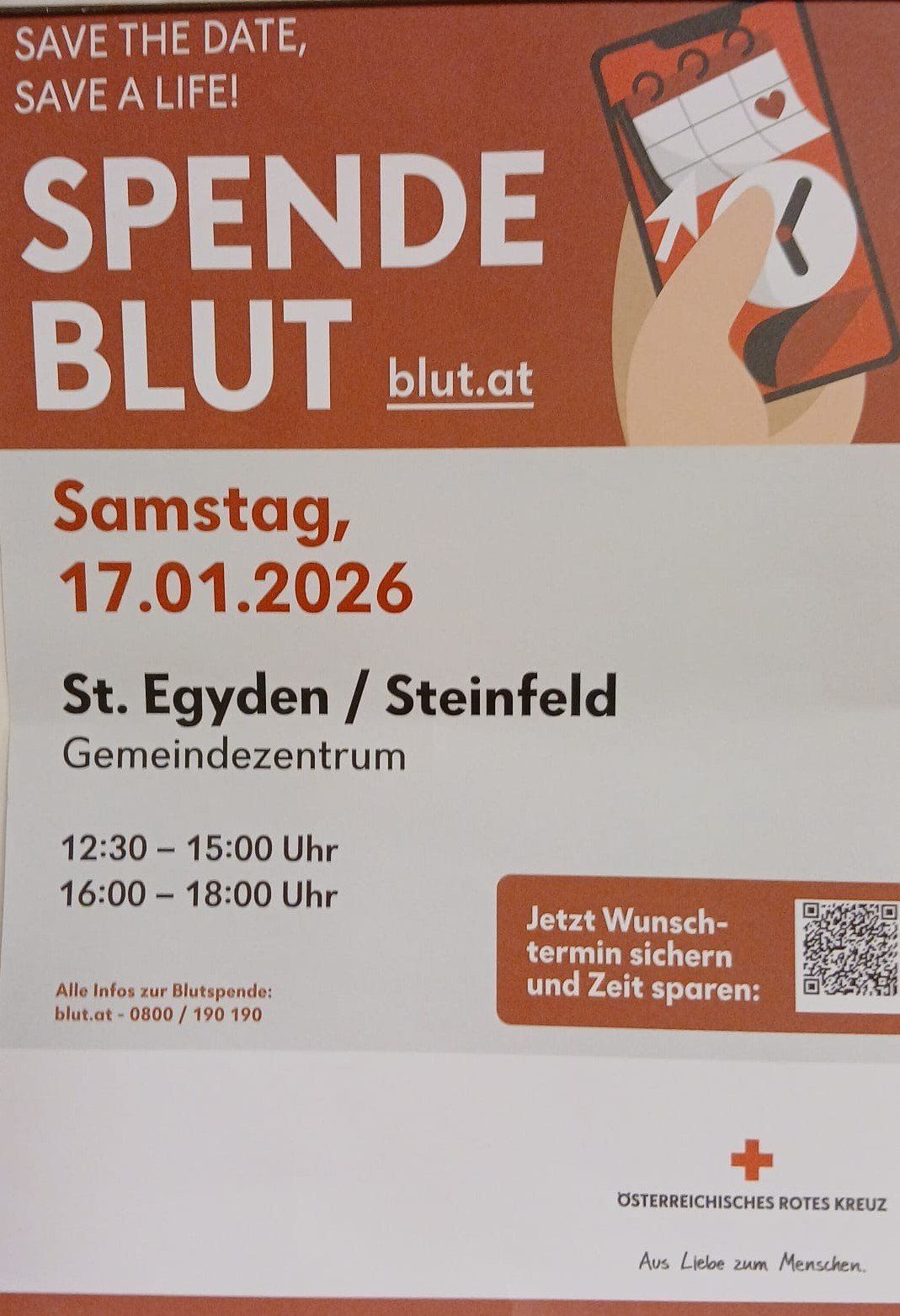 Poster advertising a blood donation event on January 17, 2026, at St. Egyd/Steinfeld Gemeindezentrum. Times are 12:30-15:00 and 16:00-18:00. Contact info for blood donation is provided.