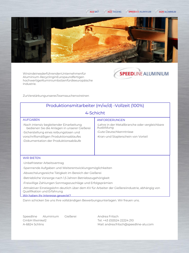 Ein Dokument bewirbt Stellenangebote für Produktionsmitarbeiter in der Aluminiumrecyclingindustrie, beschreibt Aufgaben, Anforderungen, Vorteile und Bewerbungsprozess. Es zeigt das Logo von Speedline Aluminium und enthält Kontaktdaten.