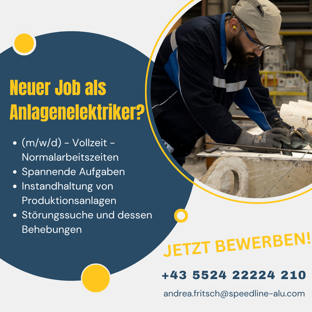 An advertisement for a new job as an industrial electrician. It highlights full-time work, standard working hours, varied tasks, maintenance of production lines, troubleshooting, and resolution. Contact details are provided.