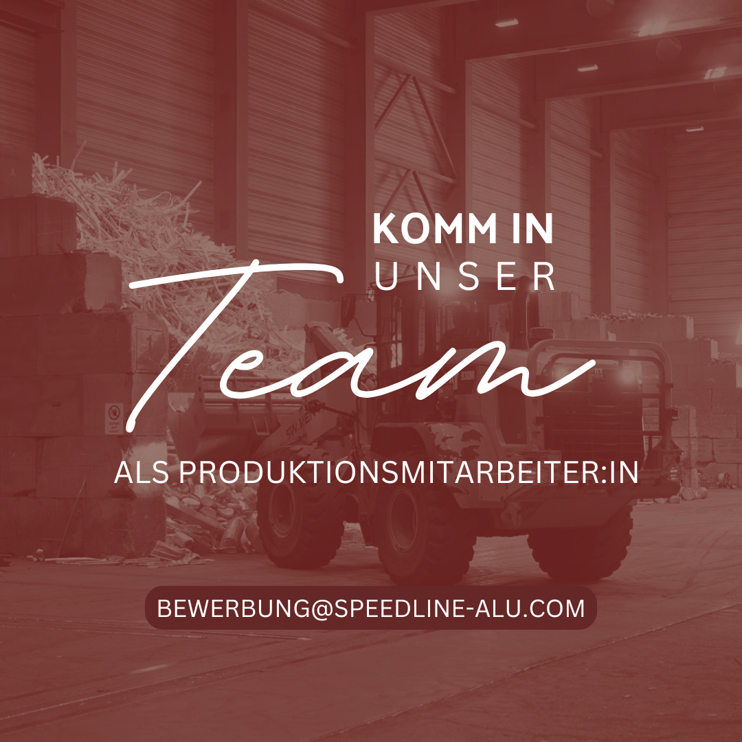 Industrial setting with a vehicle in the foreground, the text reads 'KOMM IN UNSER Team' and 'ALS PRODUKTIONSMITARBEITER:IN', with a contact email below.