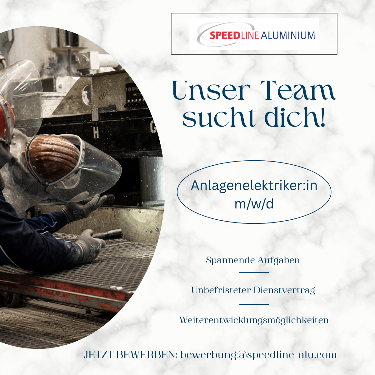 An industrial worker in a factory, wearing safety gear, is engaged in maintenance work. The poster advertises for an industrial electrician. Benefits include challenging tasks, flexible contracts, and growth opportunities. Apply at bewerbung@speedline-aluminium.com.