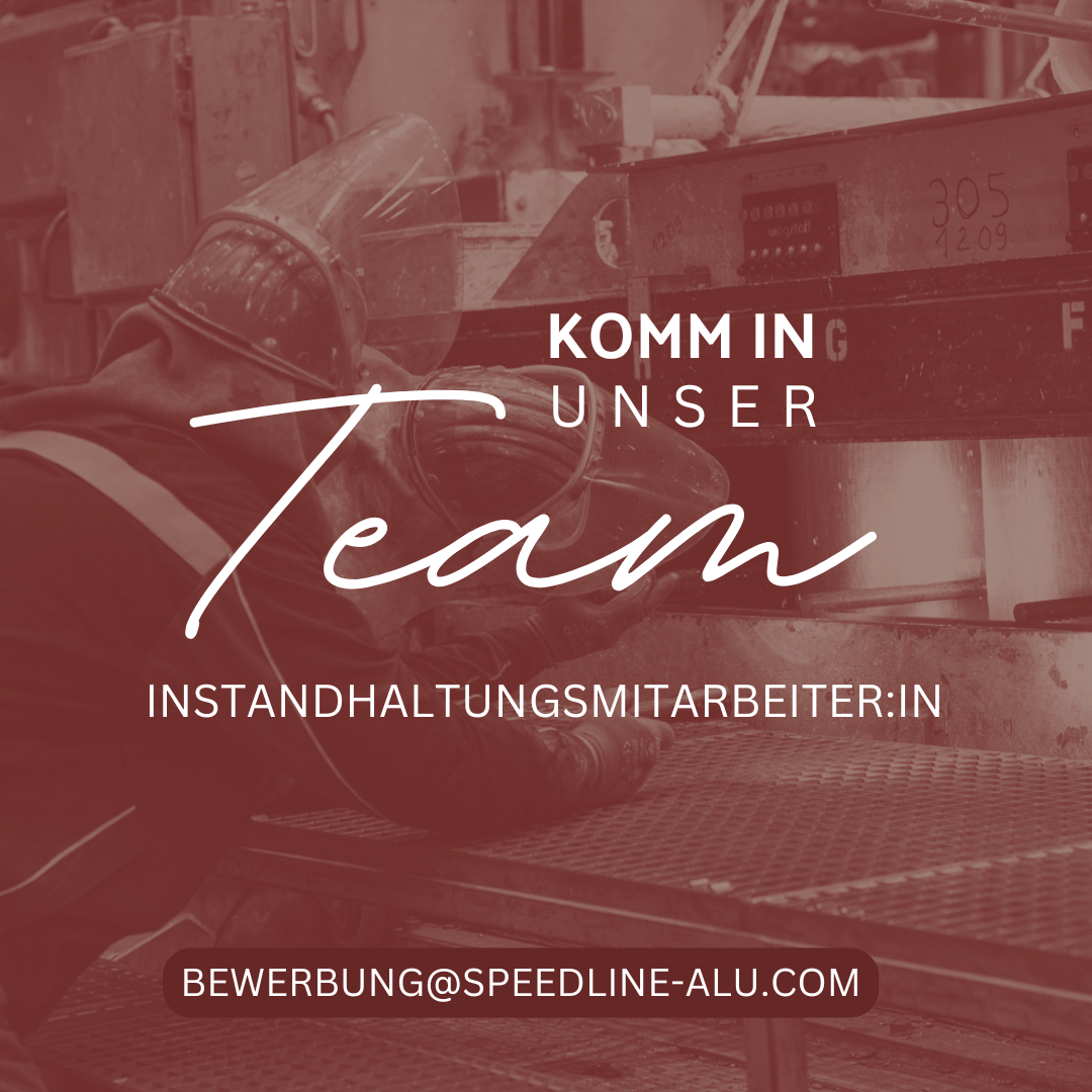 A maintenance worker in a factory is wearing a helmet and gloves, working on a machine. The text reads 'KOMM IN UNSER Team' and 'INSTANDHALTUNGSMITARBEITER:IN'. Below is an email address for applications.