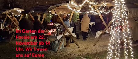 A poster invites to the 2nd Adventzauber. An outdoor Christmas market with tents and lights. People gather around tables. The date is November 22, starting at 2 PM.