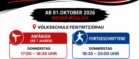 Plakat für den Karate Club Bushido Paternion mit Karate-Logo, Veranstaltungsdetails und Informationen über traditionelles Shotokan Karate, Selbstverteidigung, Kickboxen und altersgerechte Kurse. Die Veranstaltung ist für den 1. Oktober 2026 geplant.