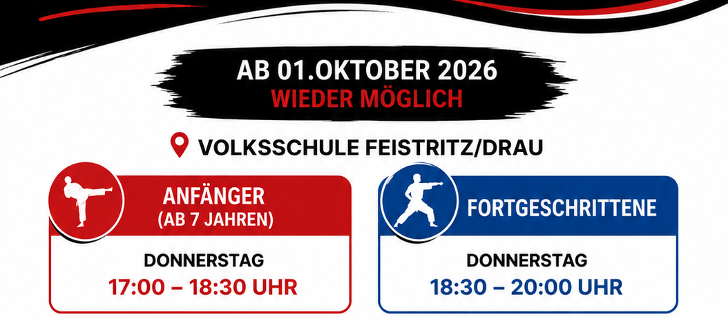 Plakat für den Karate Club Bushido Paternion mit Karate-Logo, Veranstaltungsdetails und Informationen über traditionelles Shotokan Karate, Selbstverteidigung, Kickboxen und altersgerechte Kurse. Die Veranstaltung ist für den 1. Oktober 2026 geplant.