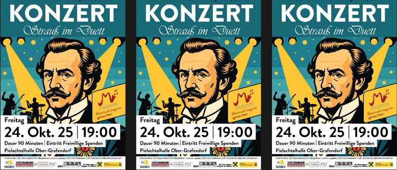 Mehrere Plakate für ein klassisches Musikkonzert. Jedes Plakat zeigt einen anderen Mann im Anzug, zusammen mit dem Text 'Strauss im Duett' und einem Datum und Uhrzeit vom 25. Oktober 2024 um 19:00 Uhr.