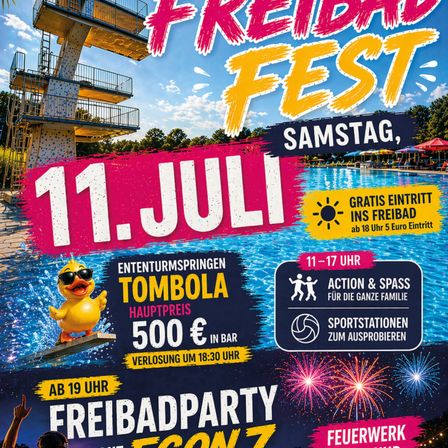 Freibad Fest mit kostenlosem Eintritt bis 18 Uhr, inklusive Sprungwettbewerben, Tombola und einem Hauptpreis von 500 Euro. Veranstaltung von 11 bis 17 Uhr.