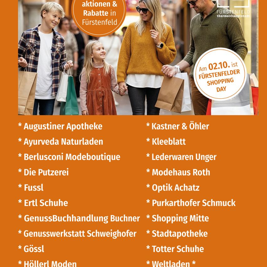 Eine Werbung für den Shopping-Tag in Furstenfeld, mit einer Familie und einer Liste verschiedener Geschäfte.