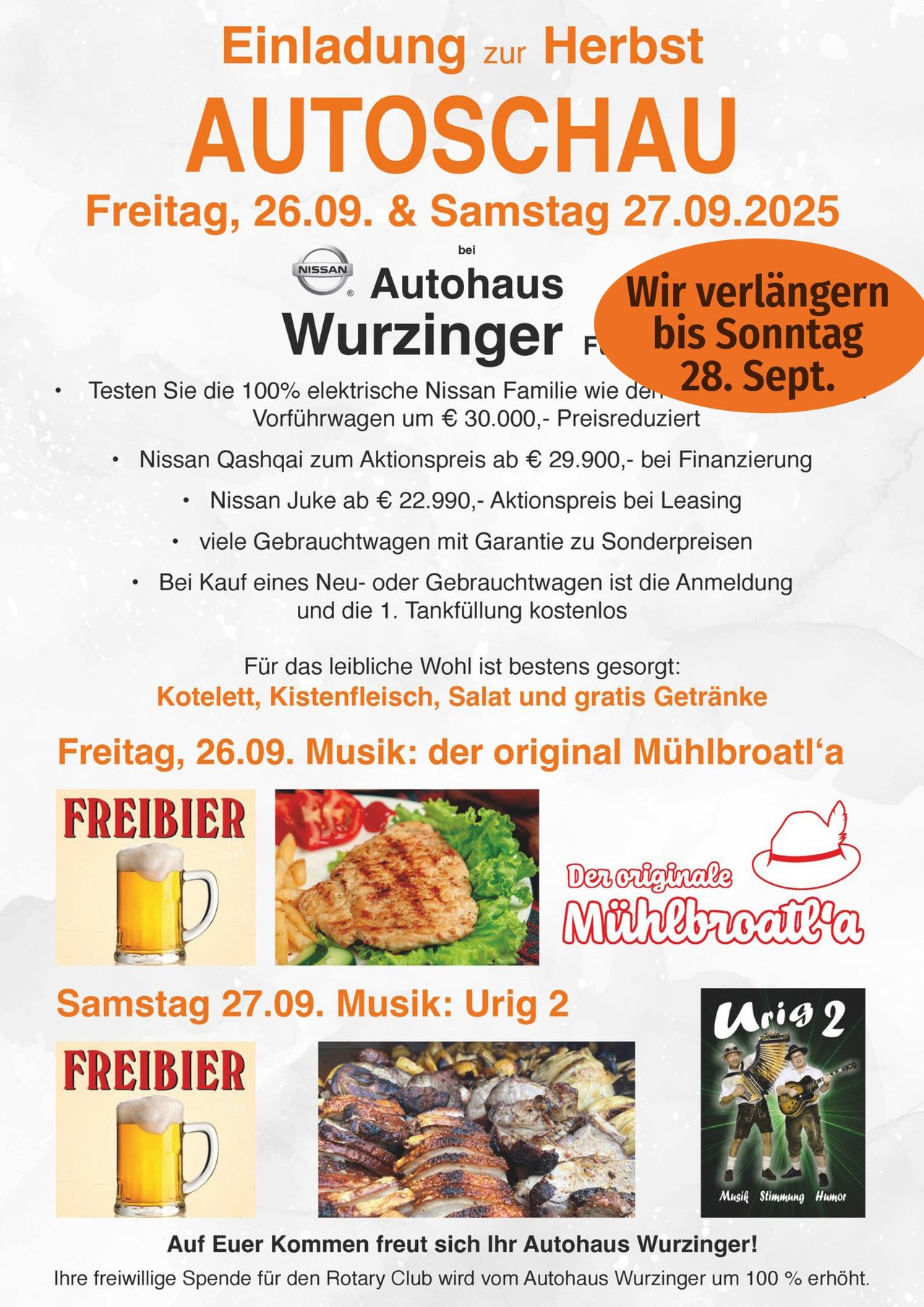 Autohaus Wurzinger-Event am Fr 26. und Sa 27. Sep 2025. Testen Sie elektrische Nissans, kaufen Sie Autos mit Rabatten und genießen Sie kostenlose Mahlzeiten und Getränke.