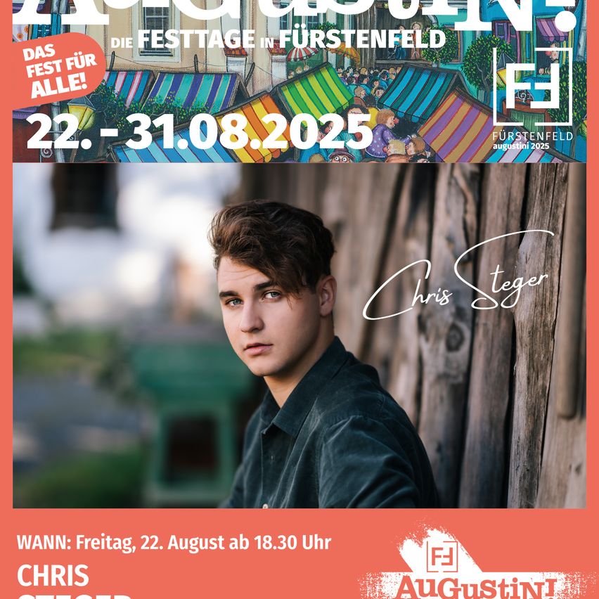 Ein Plakat für ein Festival in Furstenfeld mit einem Mann, der sich an eine Holzwand lehnt, mit den Daten 22.-31.08.2025 und einem Aufruf für Freitag, 22. August um 18:30 Uhr.