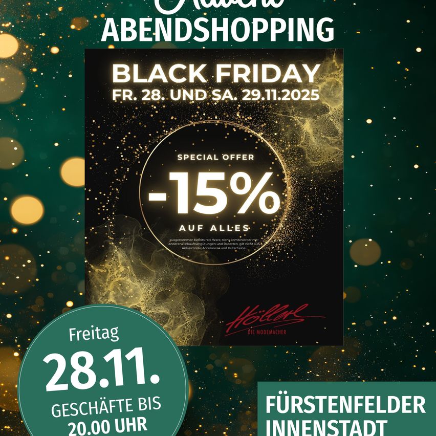 Ein Plakat für Black Friday-Angebote am 28. und 29. November 2025, mit einem Rabatt von 15% auf alle Artikel. Die Geschäfte sind bis 20 Uhr geöffnet.