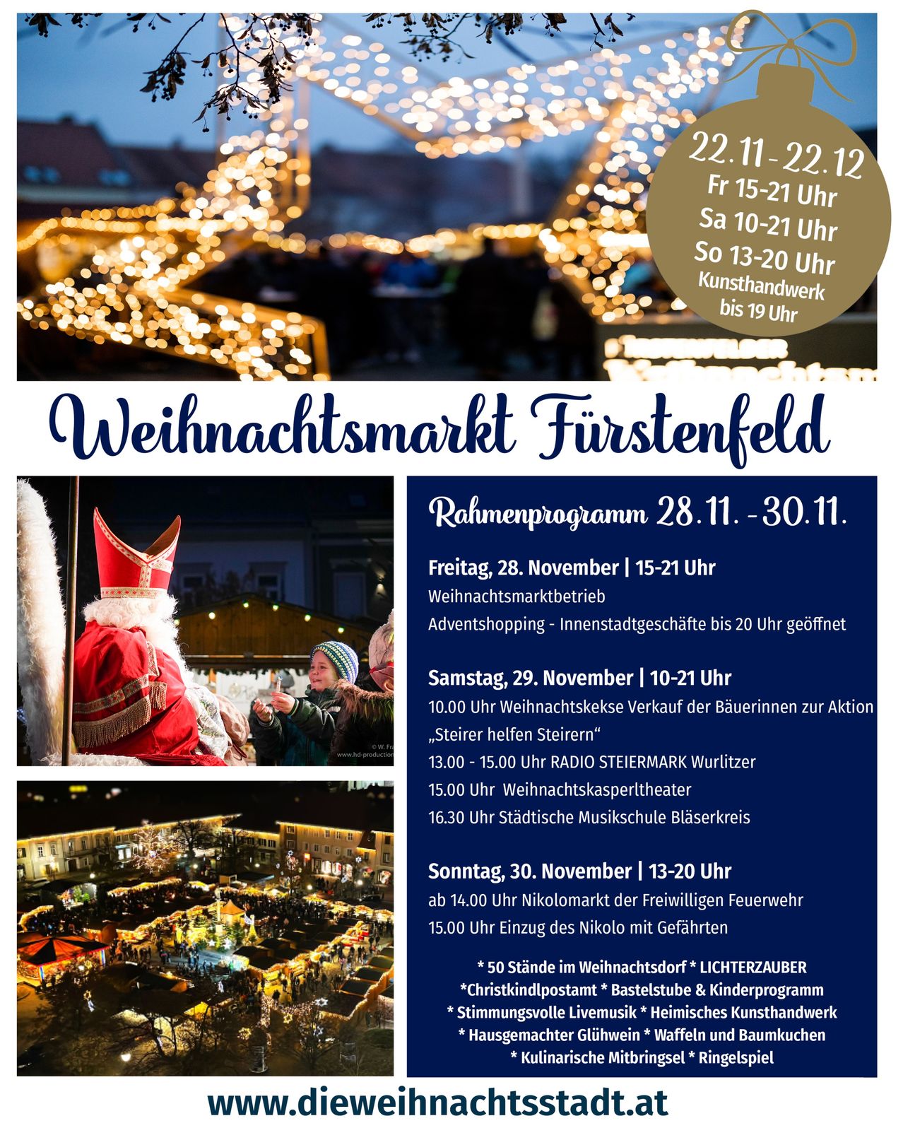Plakat für den Weihnachtsmarkt Fürstenfeld, mit Weihnachtsmann und Kind. Veranstaltungstermine und -zeiten für den Markt, einschließlich Öffnungszeiten und Aktivitäten, sind aufgeführt.