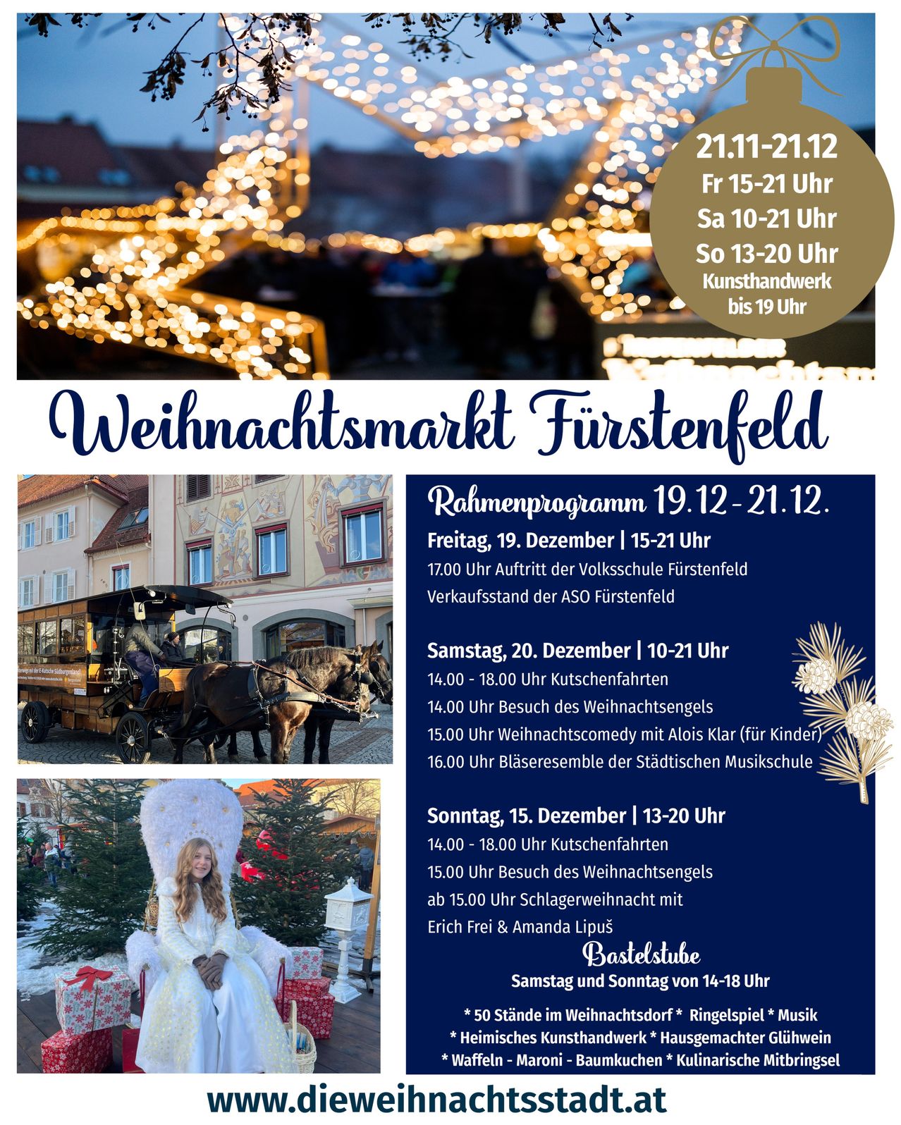Ein Plakat für den Weihnachtsmarkt in Furstenfeld. Die Veranstaltung läuft vom 21. November bis 21. Dezember mit verschiedenen Aktivitäten und Attraktionen, einschließlich Pferdekutschenfahrten und einem Weihnachtsmarkt.