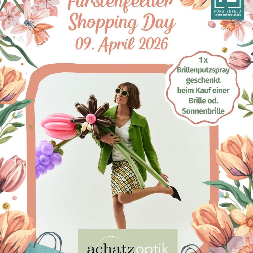 Ein Bild, das einen Shopping-Tag bewirbt, zeigt eine Frau, die eine Blume aus Luftballons hält. Der Text ist auf Deutsch und bietet einen kostenlosen Brillenputzspray beim Kauf an.