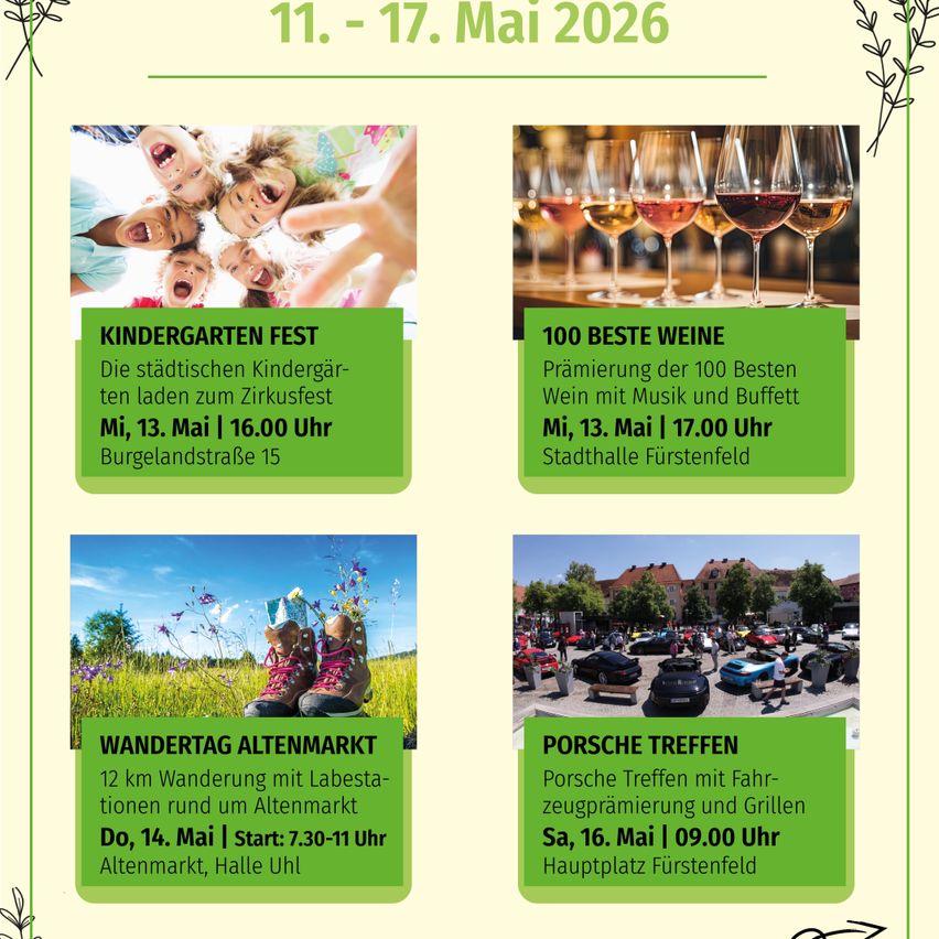 Poster advertising events from May 11th to 17th, 2026. Events include Kindergarten Fest, 100 Best Wines, Wandertag Altenmarkt, and Porsche Treffen. Details include dates, times, and locations.